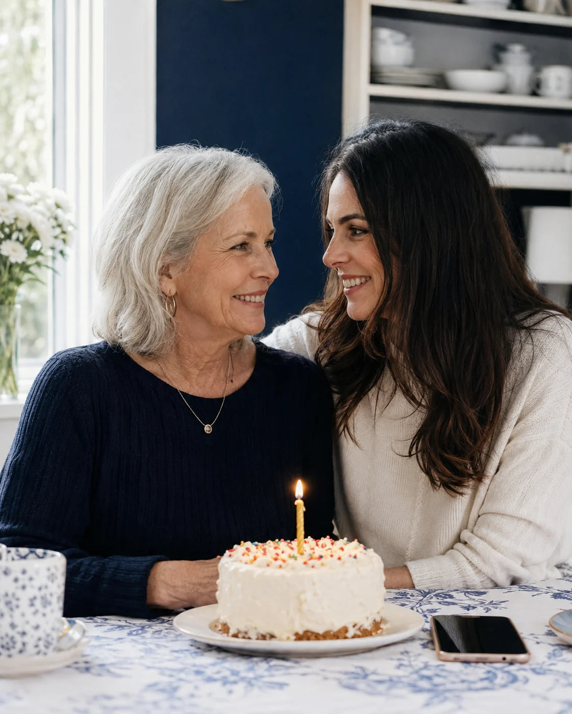 A mother and daughter sharing a birthday celebration at home