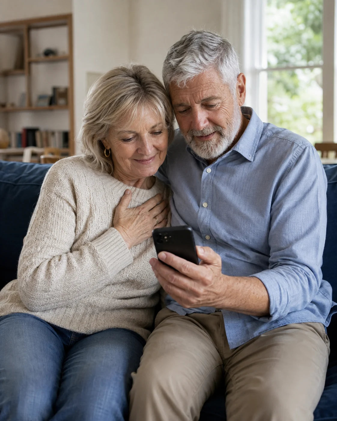 A couple sharing a quiet moment with a phone at home